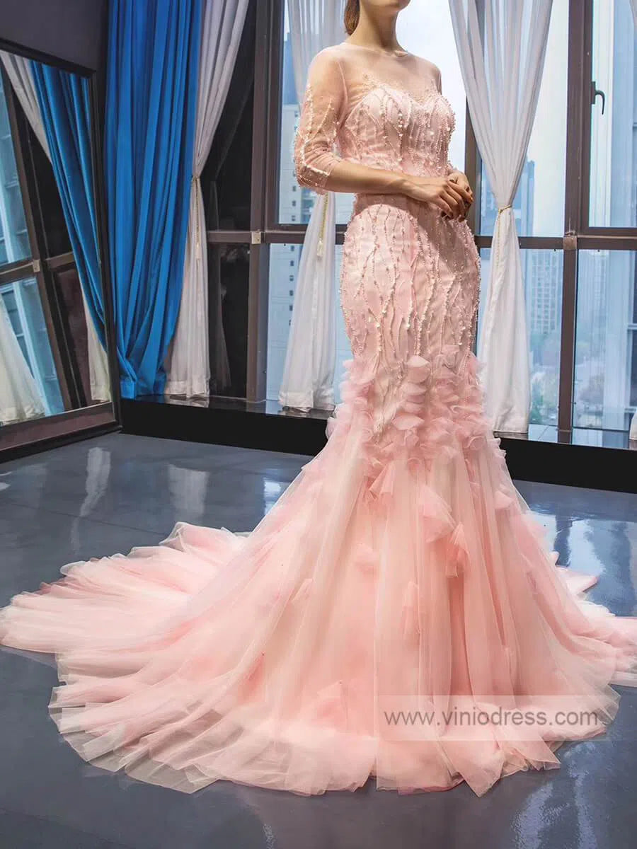 Fairy Pink Mermaid Prom Dresses with Sleeves Beaded Pageant Dress FD1393-prom dresses-Viniodress-Viniodress