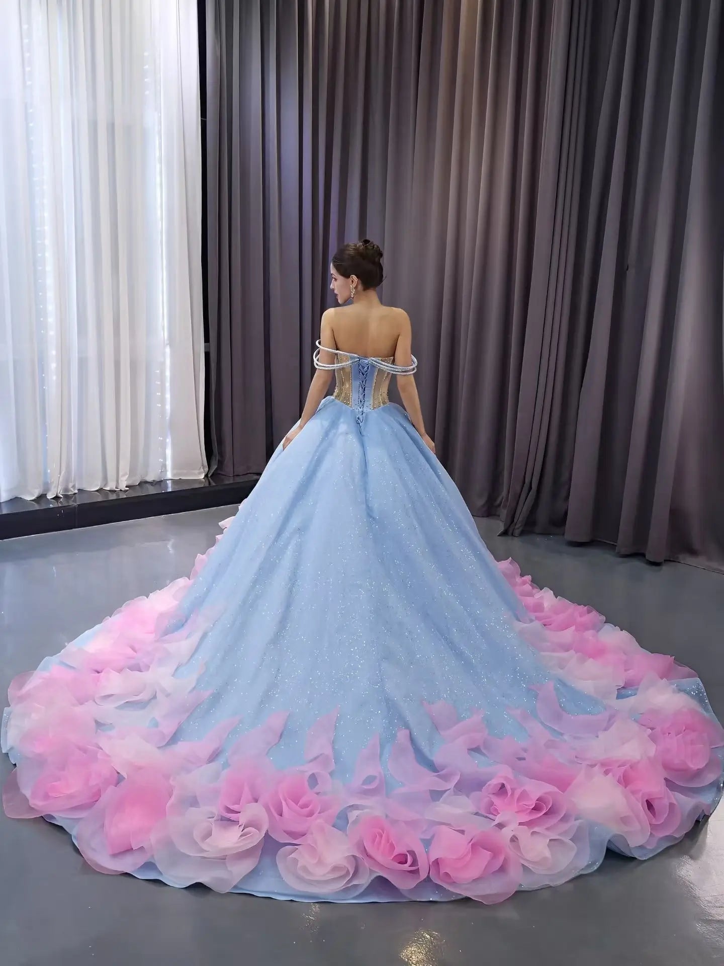 Fairy Sky Blue Ombre Ball Gown Quinceañera Dress | Off-the-Shoulder Basque Waist Corset Gown 251103-Quinceanera Dresses 2026-Viniodress-Light Blue-Custom Size-