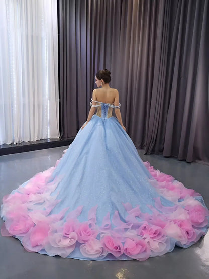 Fairy Sky Blue Ombre Ball Gown Quinceañera Dress | Off-the-Shoulder Basque Waist Corset Gown 251103-Quinceanera Dresses 2026-Viniodress-Light Blue-Custom Size-