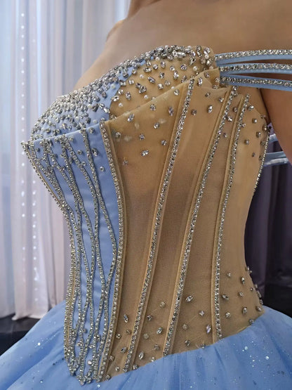 Fairy Sky Blue Ombre Ball Gown Quinceañera Dress | Off-the-Shoulder Basque Waist Corset Gown 251103-Quinceanera Dresses 2026-Viniodress-Light Blue-Custom Size-