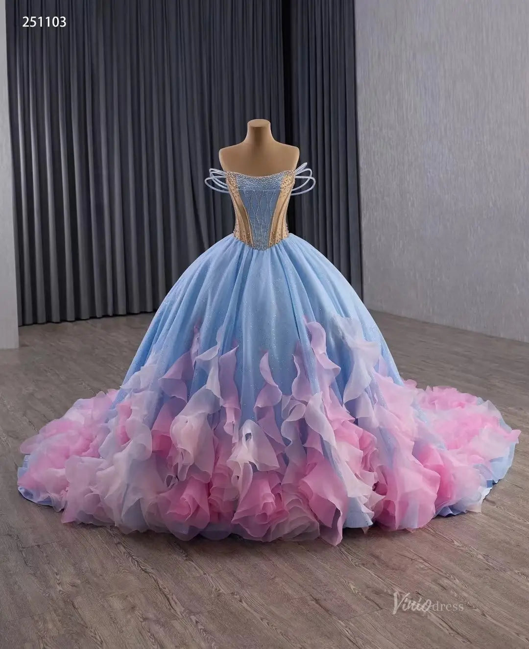 Fairy Sky Blue Ombre Ball Gown Quinceaera Dress | Off-the-Shoulder Ba Viniodress Fairy Sky Blue Ombre Ball Gown Quinceaera Dress | Off-the-Shoulder Ba Viniodress