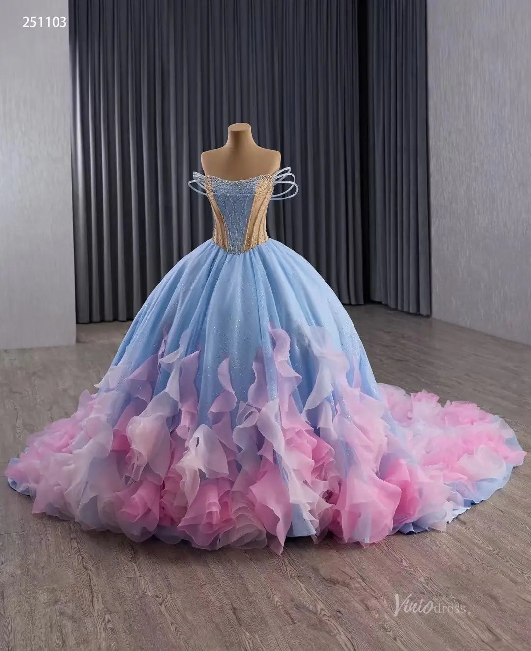 Fairy Sky Blue Ombre Ball Gown Quinceaera Dress | Off-the-Shoulder Ba Viniodress Fairy Sky Blue Ombre Ball Gown Quinceaera Dress | Off-the-Shoulder Ba Viniodress