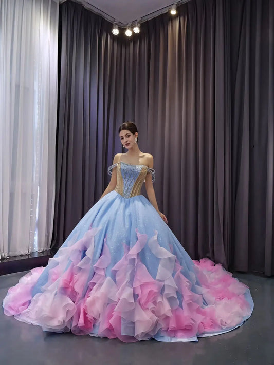 Fairy Sky Blue Ombre Ball Gown Quinceañera Dress | Off-the-Shoulder Basque Waist Corset Gown 251103-Quinceanera Dresses 2026-Viniodress-Light Blue-Custom Size-