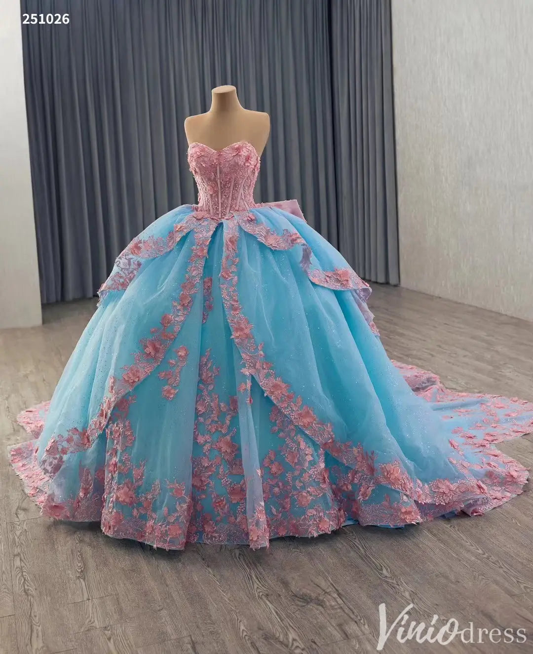 Fairy Tale Pink and Blue 3D Floral Quinceañera Ball Gown – Style 251026-Quinceanera Dresses 2025 -Viniodress-Light Blue-Custom Size-