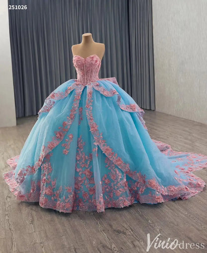 Fairy Tale Pink and Blue 3D Floral Quinceañera Ball Gown – Style 251026-Quinceanera Dresses 2025 -Viniodress-Light Blue-Custom Size-