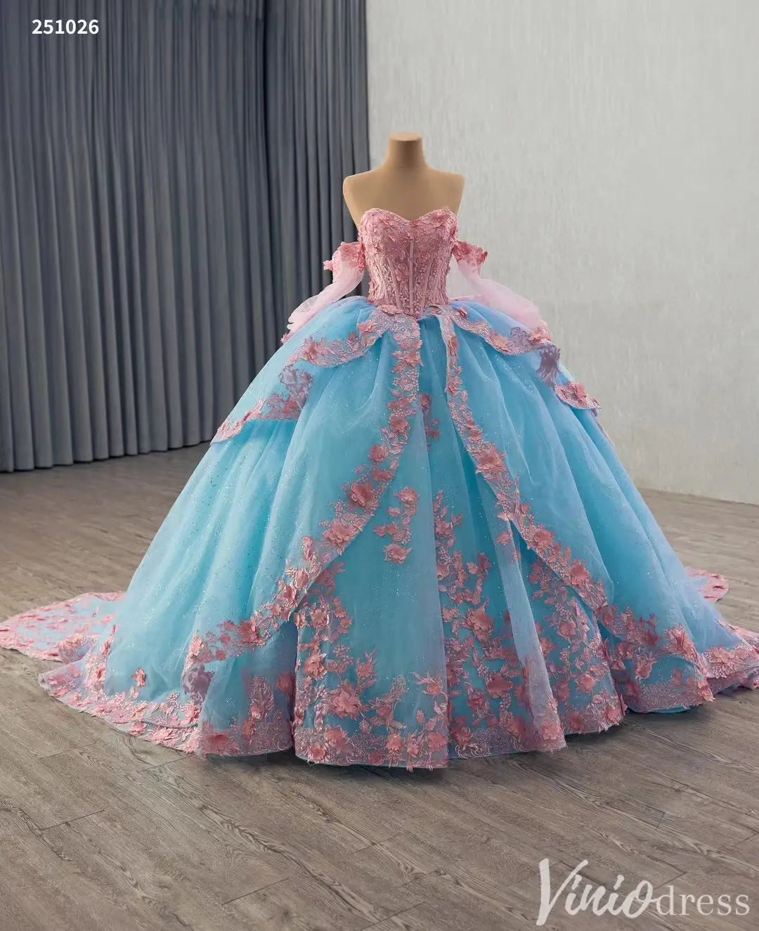 Fairy Tale Pink and Blue 3D Floral Quinceañera Ball Gown – Style 251026-Quinceanera Dresses 2025 -Viniodress-Light Blue-Custom Size-