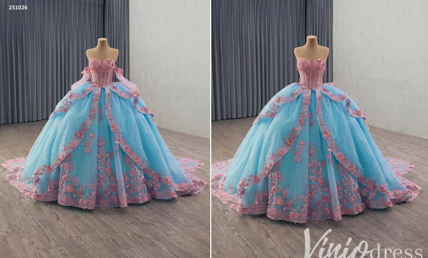 Fairy Tale Pink and Blue 3D Floral Quinceañera Ball Gown – Style 251026-Quinceanera Dresses 2025 -Viniodress-Light Blue-Custom Size-