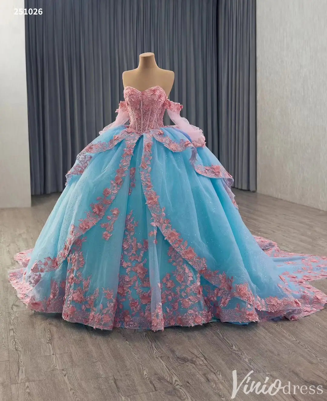 Fairy Tale Pink and Blue 3D Floral Quinceañera Ball Gown – Style 251026-Quinceanera Dresses 2025 -Viniodress-Light Blue-Custom Size-