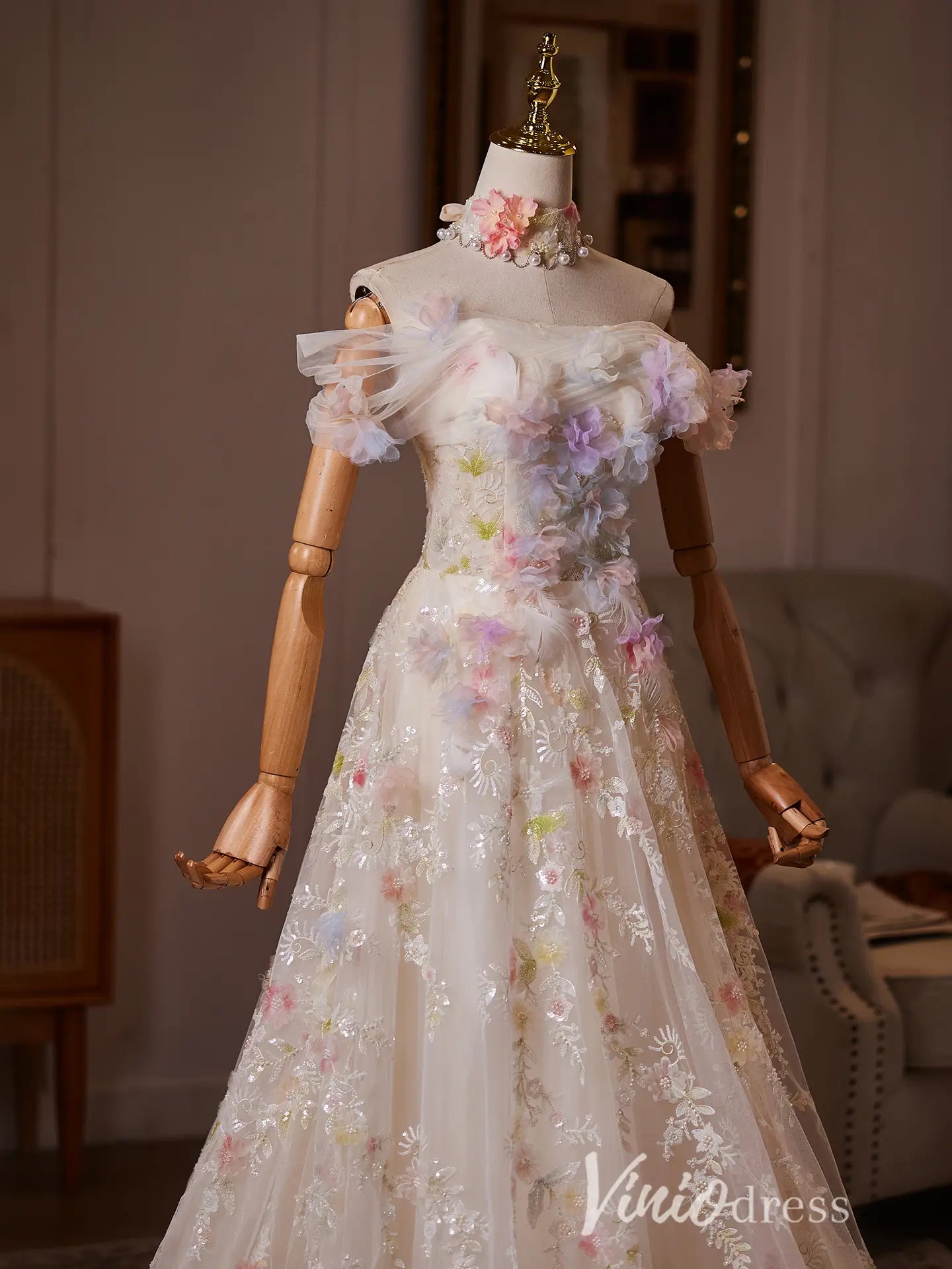 Fairycore Floral Formal Dress with 3D Flowers & Tulle Sleeves Viniodress Fairycore Floral Formal Dress with 3D Flowers & Tulle Sleeves Viniodress