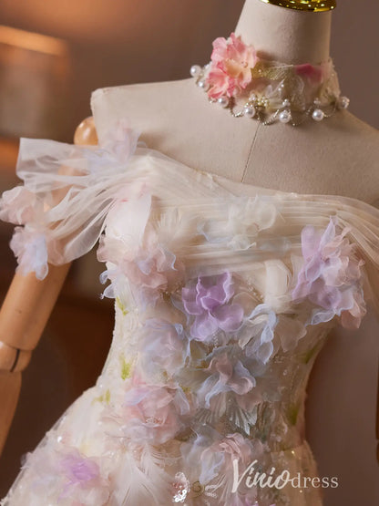 Fairycore Floral Formal Dress with 3D Flower Appliques & Off Shoulder Sleeves - BJ117-formal dresses 2026-Viniodress-Champagne-US 0-