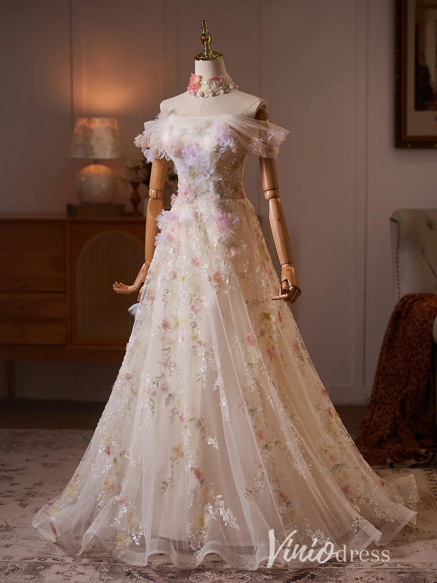 Fairycore Floral Formal Dress with 3D Flower Appliques & Off Shoulder Sleeves - BJ117-formal dresses 2026-Viniodress-Champagne-US 0-