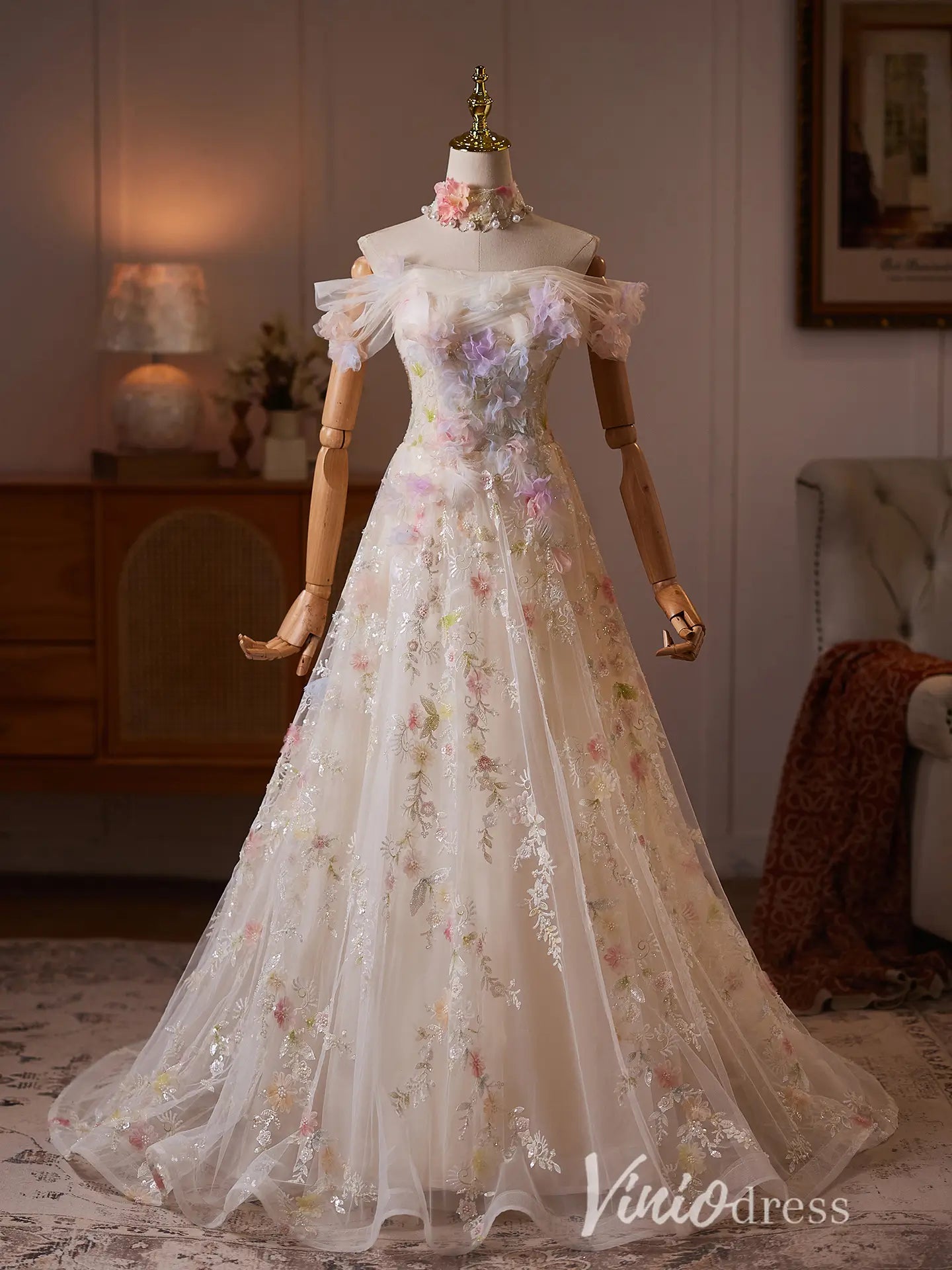 Fairycore Floral Formal Dress with 3D Flower Appliques & Off Shoulder Sleeves - BJ117-formal dresses 2026-Viniodress-Champagne-US 0-