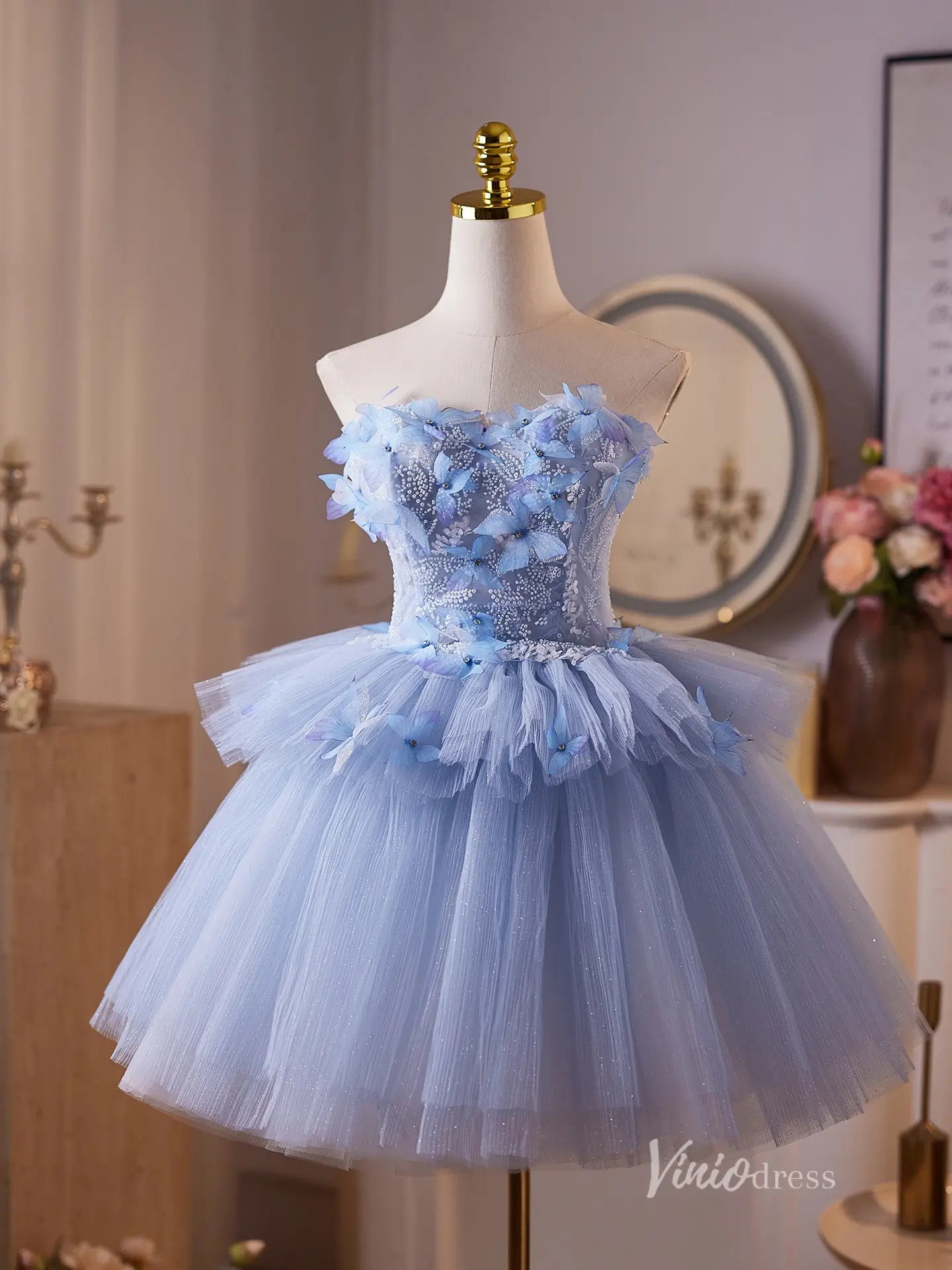 Fairytale Blue 3D Butterfly Homecoming Dress with Layered Tulle Skirt & Detachable Sheer Shawl – BJ096-prom dresses 2025 -Viniodress-Light Blue-Custom Size-