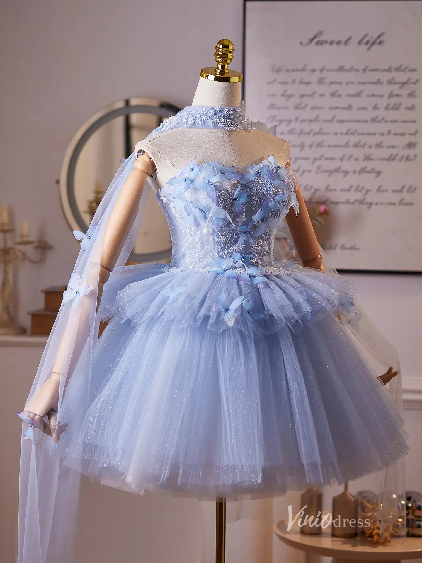 Fairytale Blue 3D Butterfly Homecoming Dress with Layered Tulle Skirt & Detachable Sheer Shawl – BJ096-prom dresses 2025 -Viniodress-Light Blue-Custom Size-