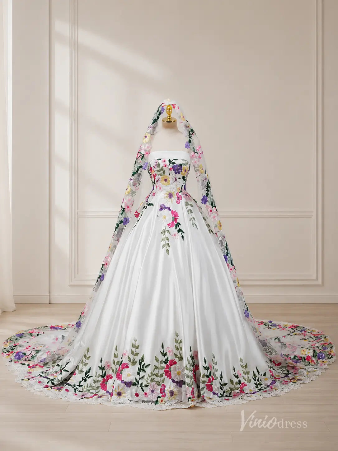 Fairytale Ivory Blooming Floral Wedding Dress with Strapless Corset Bodice, Lace Trim & Chapel Train - FW288-wedding dresses 2026-Viniodress-Ivory-Dress Only-Custom Size – Add Measurements in Cart