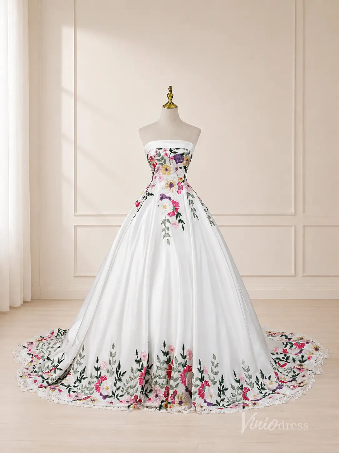 Fairytale Ivory Blooming Floral Wedding Dress with Strapless Corset Bodice, Lace Trim & Chapel Train - FW288-wedding dresses 2026-Viniodress-Ivory-Dress Only-Custom Size – Add Measurements in Cart