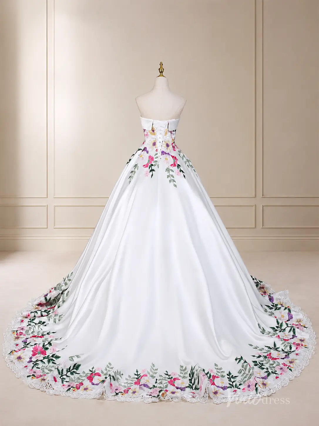 Fairytale Ivory Blooming Floral Wedding Dress with Strapless Corset Bodice, Lace Trim & Chapel Train - FW288-wedding dresses 2026-Viniodress-Ivory-Dress Only-Custom Size – Add Measurements in Cart