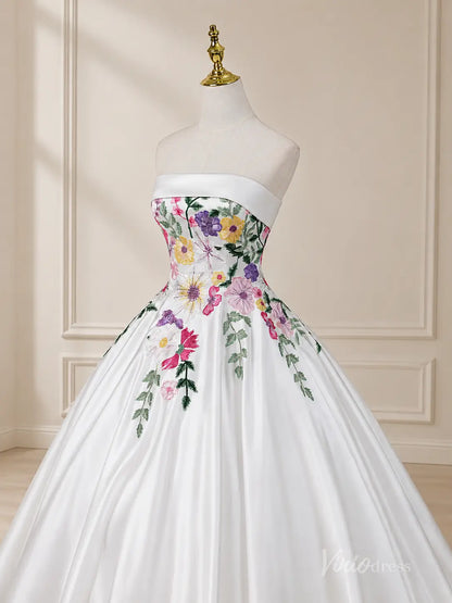 Fairytale Ivory Blooming Floral Wedding Dress with Strapless Corset Bodice, Lace Trim & Chapel Train - FW288-wedding dresses 2026-Viniodress-Ivory-Dress Only-Custom Size – Add Measurements in Cart