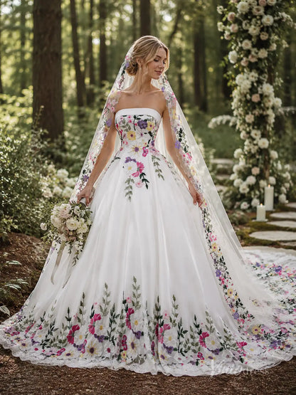 Fairytale Ivory Blooming Floral Wedding Dress with Strapless Corset Bodice, Lace Trim & Chapel Train - FW288-wedding dresses 2026-Viniodress-Ivory-Dress Only-Custom Size – Add Measurements in Cart