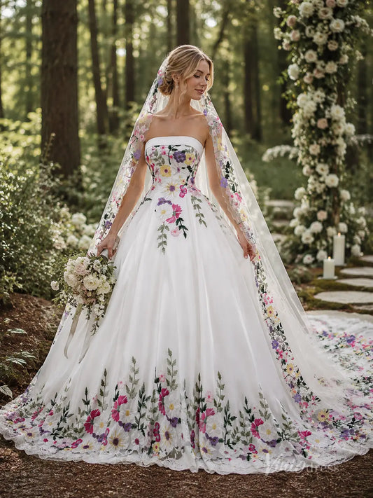 Fairytale Ivory Blooming Floral Wedding Dress with Strapless Corset Bodice, Lace Trim & Chapel Train - FW288-wedding dresses 2026-Viniodress-Ivory-Dress Only-Custom Size – Add Measurements in Cart