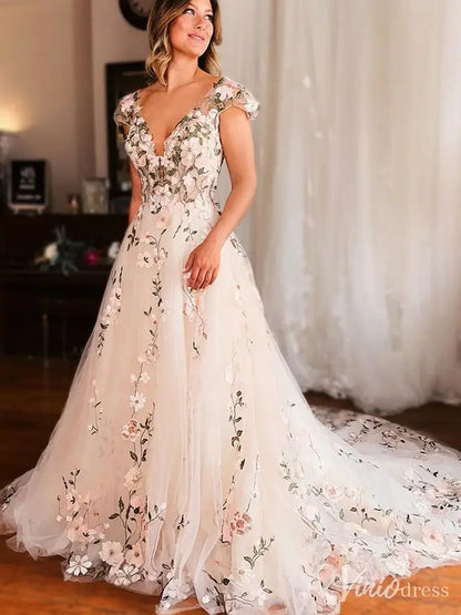 Fairytale Meadow Floral Wedding Dress | V-Neck Backless Gown with Cap Sleeves & Veil FW116-wedding dresses 2025 -Viniodress-Beige-Custom Size-