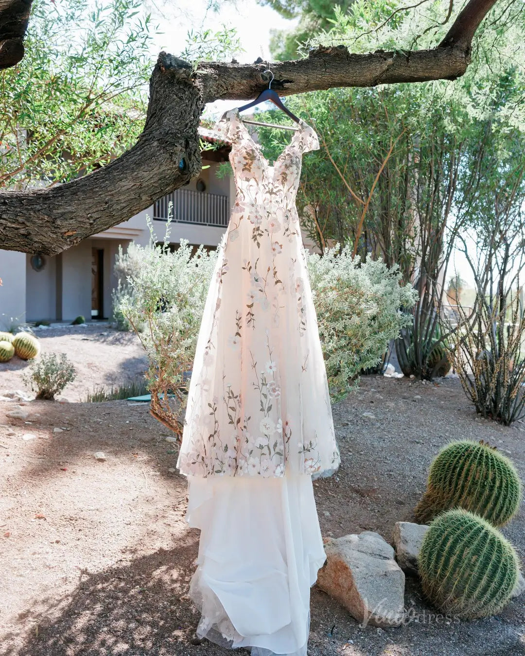 Fairytale Meadow Floral Wedding Dress | V-Neck Backless Gown with Cap Sleeves & Veil FW116-wedding dresses 2025 -Viniodress-Beige-Custom Size-