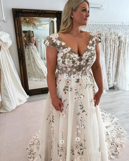 Fairytale Meadow Floral Wedding Dress | V-Neck Backless Gown with Cap Sleeves & Veil FW116-wedding dresses 2025 -Viniodress-Beige-Custom Size-