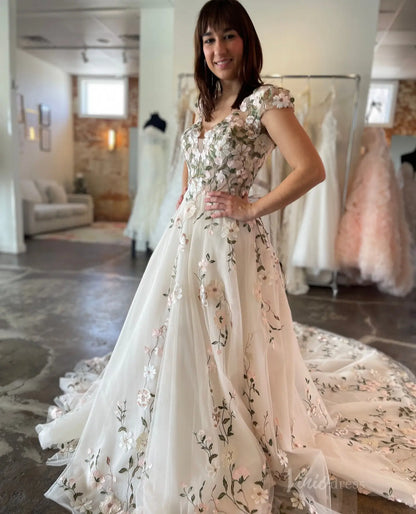 Fairytale Meadow Floral Wedding Dress | V-Neck Backless Gown with Cap Sleeves & Veil FW116-wedding dresses 2025 -Viniodress-Beige-Custom Size-