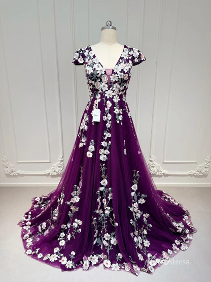 Fairytale Meadow Floral Wedding Dress | V-Neck Backless Gown with Cap Sleeves & Veil FW116-wedding dresses 2025 -Viniodress-Beige-Custom Size-