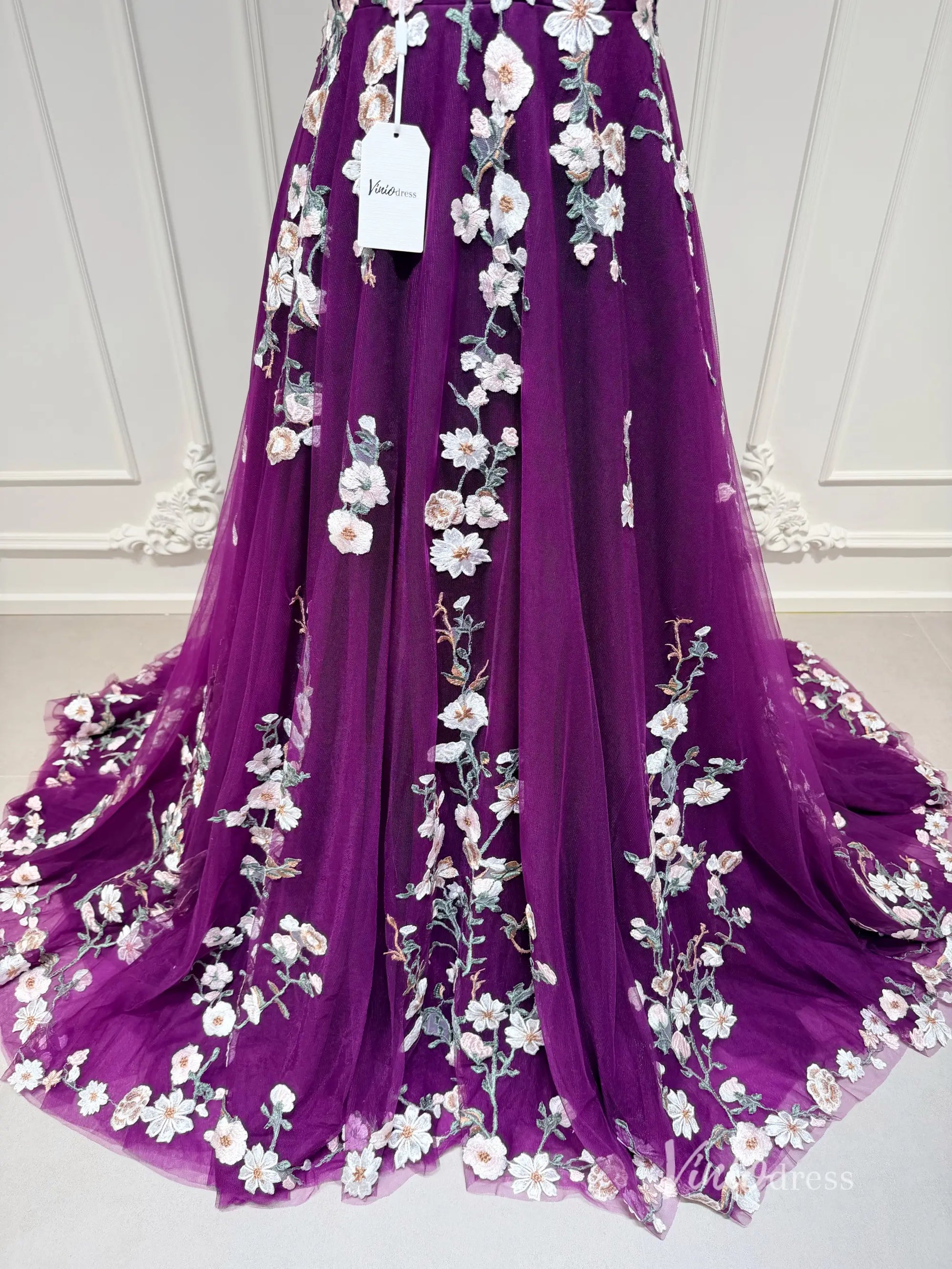 Fairytale Meadow Floral Wedding Dress | V-Neck Backless Gown with Cap Sleeves & Veil FW116-wedding dresses 2025 -Viniodress-Beige-Custom Size-