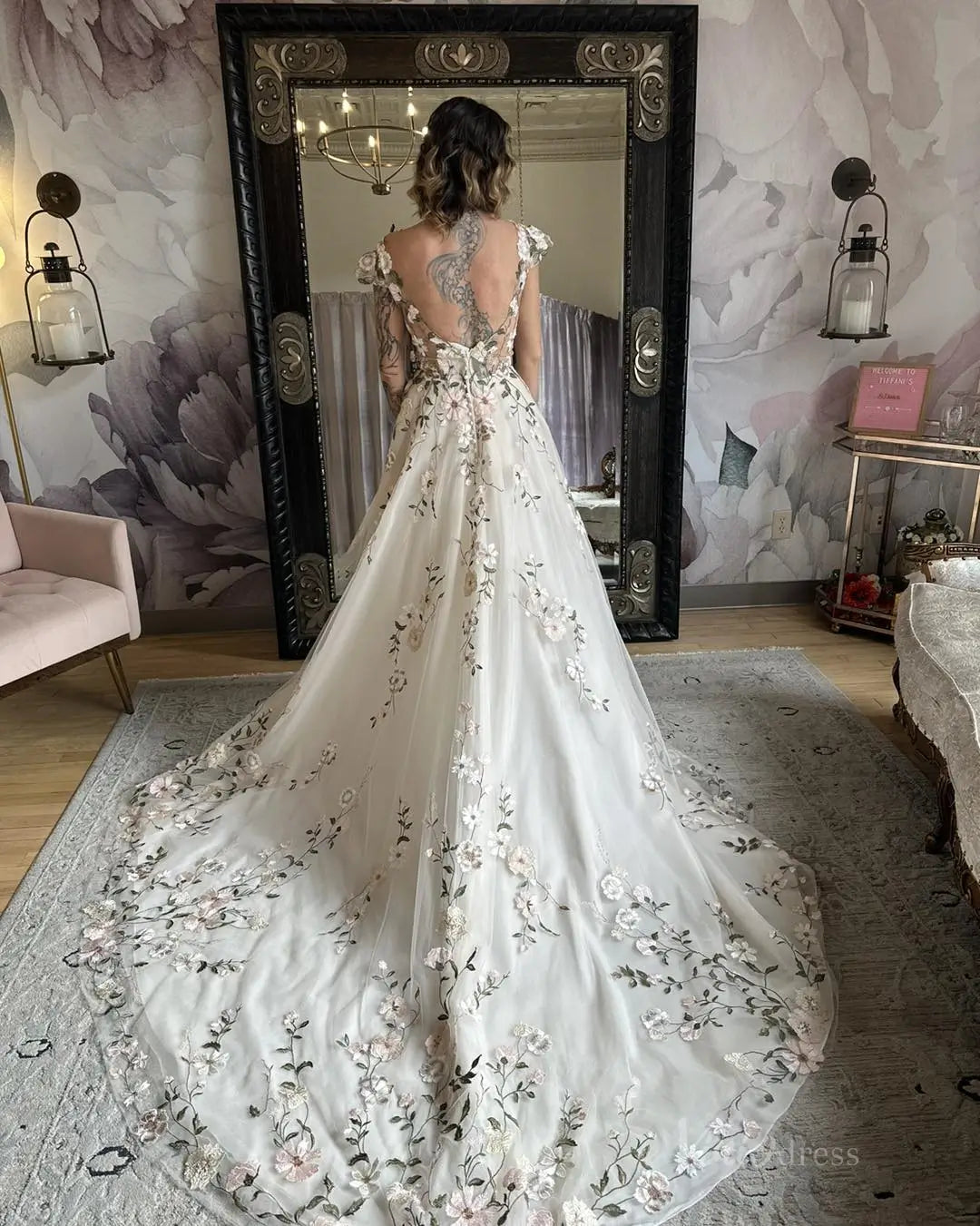 Fairytale Meadow Floral Wedding Dress | V-Neck Backless Gown with Cap Sleeves & Veil FW116-wedding dresses 2025 -Viniodress-Beige-Custom Size-