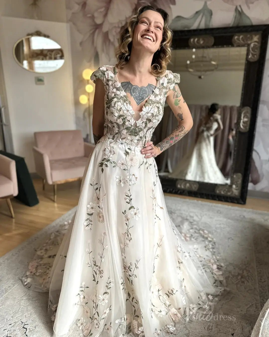 Fairytale Meadow Floral Wedding Dress | V-Neck Backless Gown with Cap Sleeves & Veil FW116-wedding dresses 2025 -Viniodress-Beige-Custom Size-