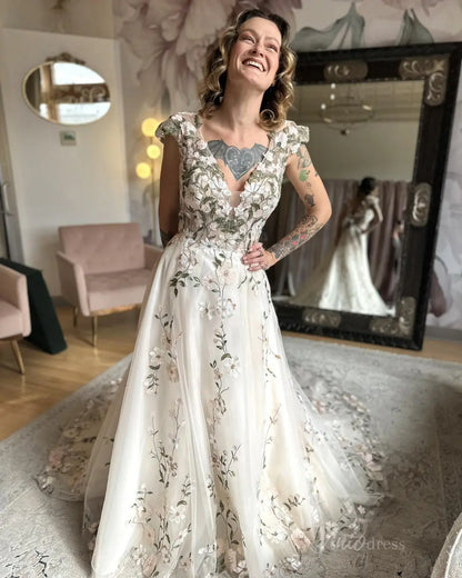 Fairytale Meadow Floral Wedding Dress | V-Neck Backless Gown with Cap Sleeves & Veil FW116-wedding dresses 2025 -Viniodress-Beige-Custom Size-