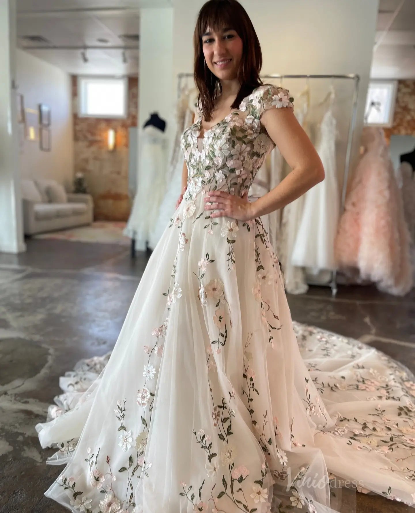 Fairytale Meadow Floral Wedding Dress | V-Neck Backless Gown with Cap Sleeves & Veil FW116-wedding dresses 2025 -Viniodress-Beige-Custom Size-