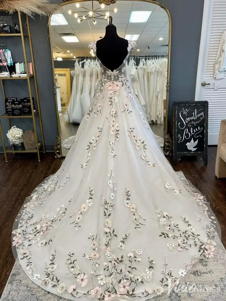 Fairytale Meadow Floral Wedding Dress | V-Neck Backless Gown with Cap Sleeves & Veil FW116-wedding dresses 2025 -Viniodress-Beige-Custom Size-