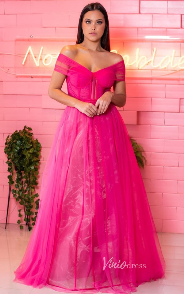 Fancy Fuchsia Tulle Prom Dresses Off the Shoulder Formal Gown FD3585-prom dresses-Viniodress-Fuchsia-Custom Size-Viniodress