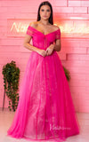 Fancy Fuchsia Tulle Prom Dresses Off the Shoulder Formal Gown FD3585