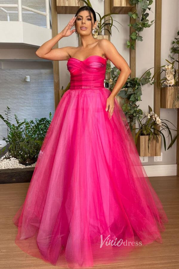 Fancy Fuchsia Tulle Prom Dresses Strapless Formal Dress FD3582-prom dresses-Viniodress-Fuchsia-Custom Size-Viniodress