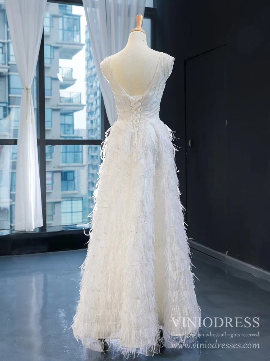 Feather Style A-line Wedding Dresses Beaded Bodice Bridal Gown VW1753-wedding dresses-Viniodress-Viniodress