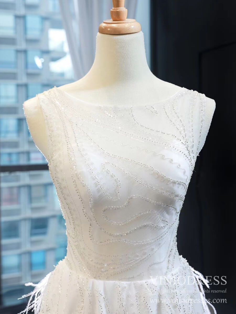 Feather Style A-line Wedding Dresses Beaded Bodice Bridal Gown VW1753-wedding dresses-Viniodress-Viniodress