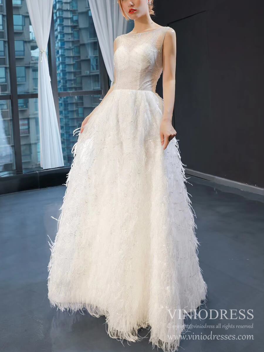 Feather Style A-line Wedding Dresses Beaded Bodice Bridal Gown VW1753-wedding dresses-Viniodress-Ivory-Custom Size-Viniodress