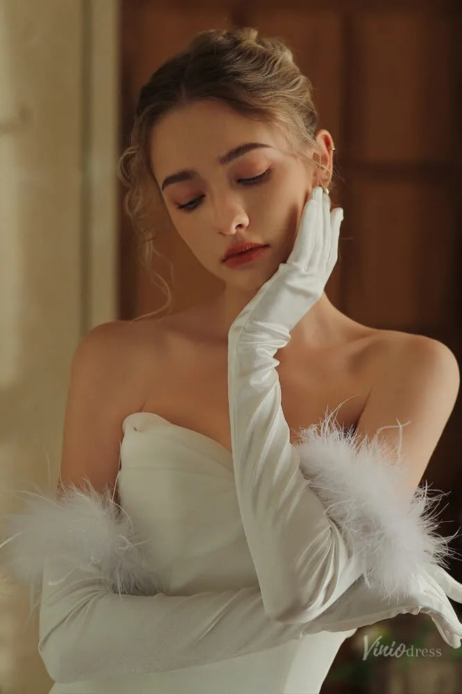 Feather-Trimmed Satin Opera Gloves for Brides WG151-Bridal Gloves 2026-Viniodress-Ivory-