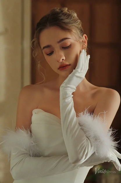 Feather-Trimmed Satin Opera Gloves for Brides WG151-Bridal Gloves 2026-Viniodress-Ivory-