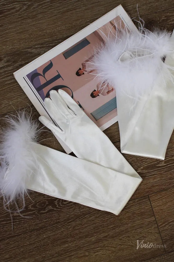 Feather-Trimmed Satin Opera Gloves for Brides WG151-Bridal Gloves 2026-Viniodress-Ivory-