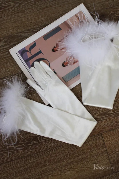 Feather-Trimmed Satin Opera Gloves for Brides WG151-Bridal Gloves 2026-Viniodress-Ivory-
