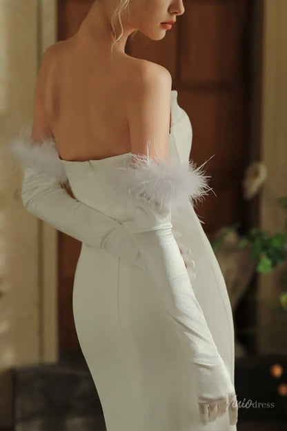 Feather-Trimmed Satin Opera Gloves for Brides WG151-Bridal Gloves 2026-Viniodress-Ivory-