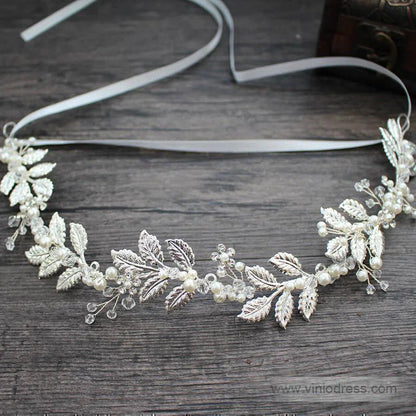 Filigree Laurel Leaf Halo Headband with Tieback Viniodress ACC1095-Headpieces 2025 -Viniodress-Silver-