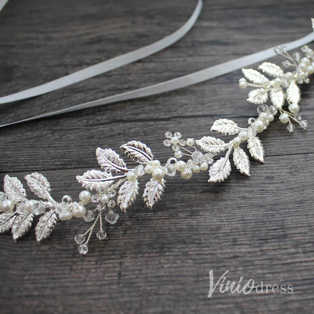 Filigree Laurel Leaf Halo Headband with Tieback Viniodress ACC1095-Headpieces 2025 -Viniodress-Silver-