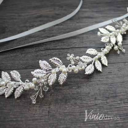 Filigree Laurel Leaf Halo Headband with Tieback Viniodress ACC1095-Headpieces 2025 -Viniodress-Silver-