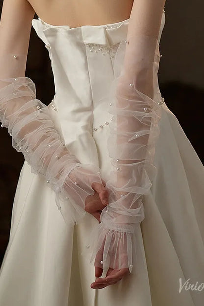 Fingerless Sheer Tulle Bridal Gloves with Pearls – Flare Sleeve Wedding Gloves for Women WG069-Bridal Gloves 2026-Viniodress-Ivory-